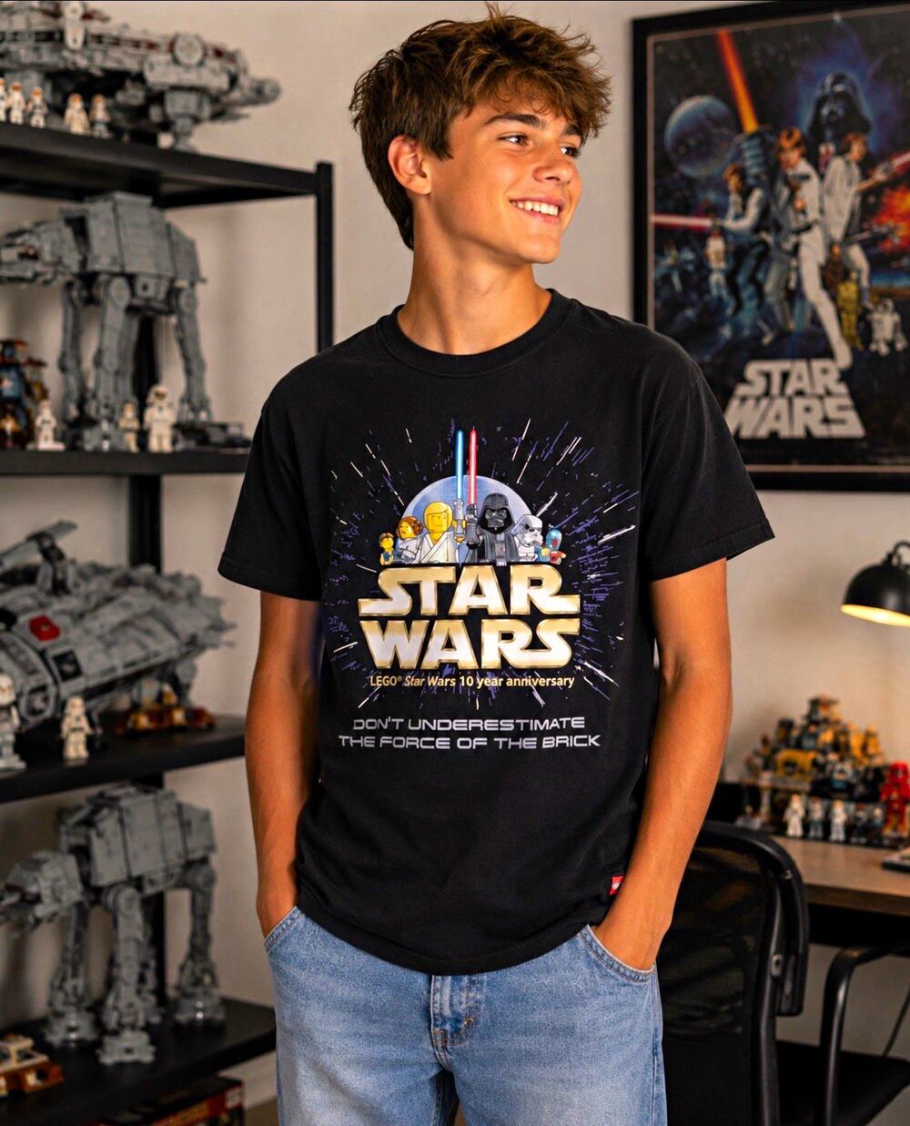 LEGO Star Wars 10 Year Anniversary Shirt Youth 9-10 Black Force of the Brick Y2K